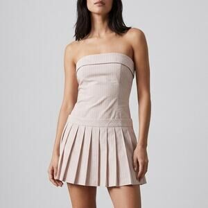 ZARA Pinstripe Strapless Pleated Drop Waist Romper Beige Womens Size Small